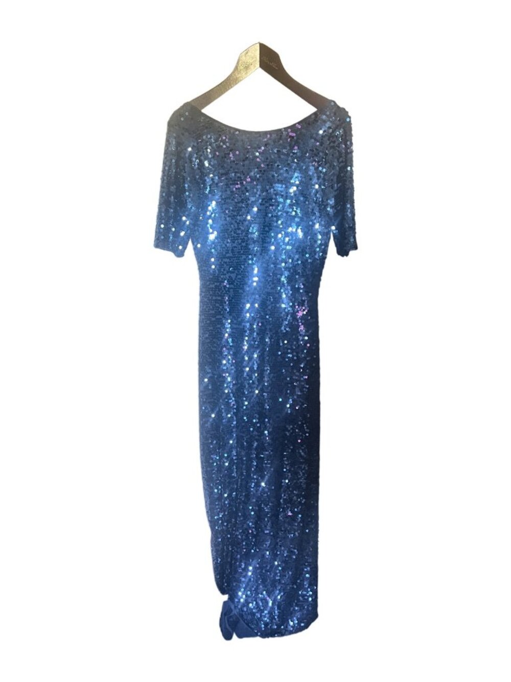 BCBG Max Azria Navy Sequin Maxi Gown M Open Back Half Sleeve Formal Evening